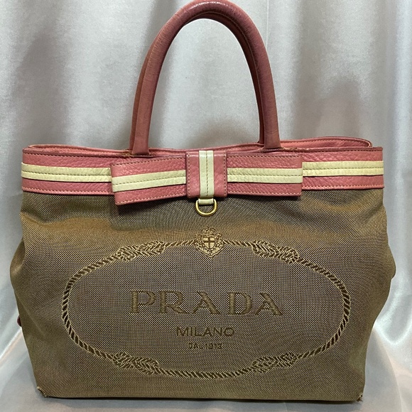 Prada, beige canvas Monogram tote with pink leather bow and trim.  173-H4g - Picture 7 of 15